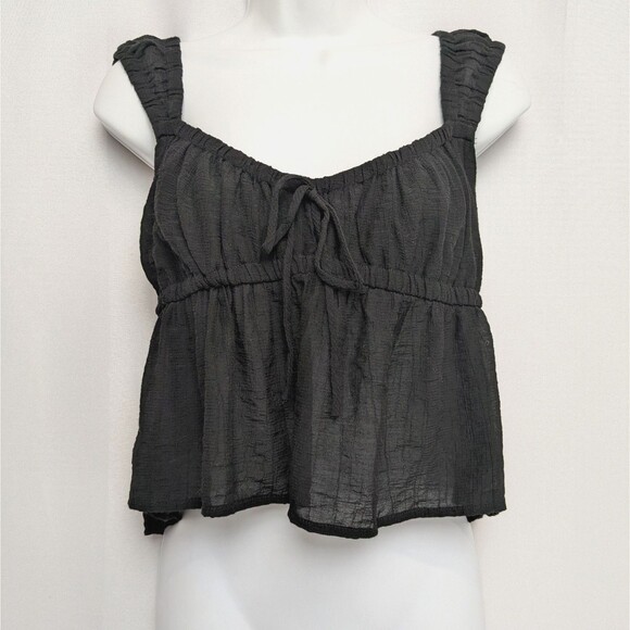 Lotus & Lavender Black Ruffle Strap Smocked Back Babydoll Crop Top Size XL - Picture 1 of 5
